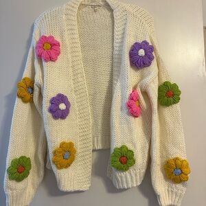 Main Strip Cream Cardigan with Multicolor Floral Accents